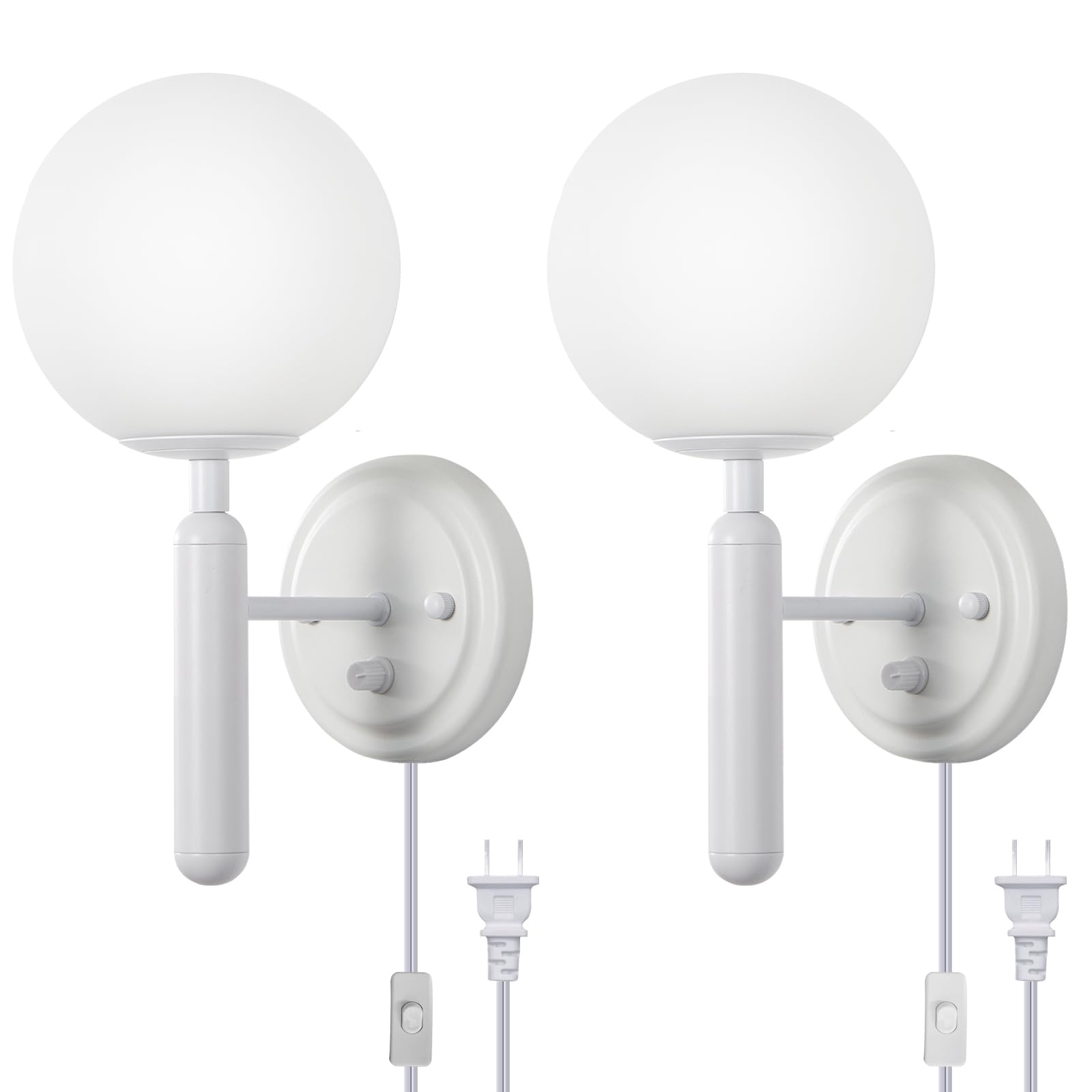 Photo 1 of White Plug in Wall Sconces Set of 2 with Milky Glass Globe Shade, Dimmable Wall Light with Plug in Electric Cord Dimmer Knob Switch Mid Century Modern Vintage Wall Lamp for Bedroom Bedside Living Room