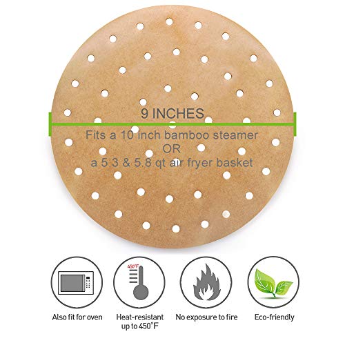 100pcs Unbleached Air Fryer Liners, 9inch Bamboo Steamer Liners
