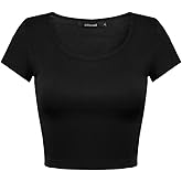 OThread & Co. Women's Basic Crop Tops Stretchy Casual Scoop Neck Cap Sleeve Shirt