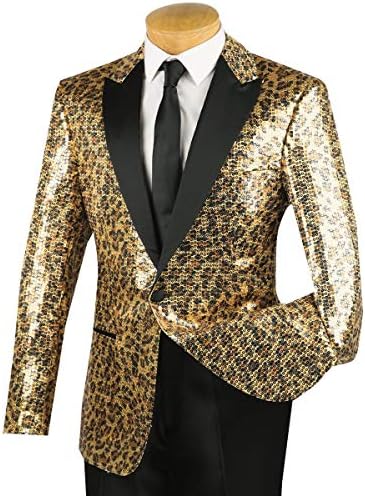 VINCI Men's Leopard Print Sequins 1 Button Classic-Fit Tuxedo Jacket w/Black Shawl Lapel New