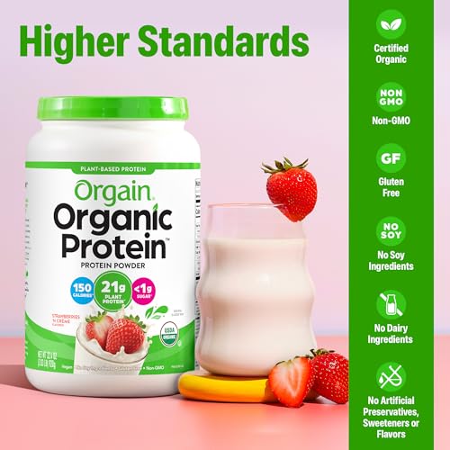 Orgain Organic Vegan Protein Powder, Strawberries & Cream - 21g of Plant Based Protein, Low Net Carbs, Gluten/ Lactose Free, No Sugar Added, Soy Free, Non-GMO, 2.03 Lb