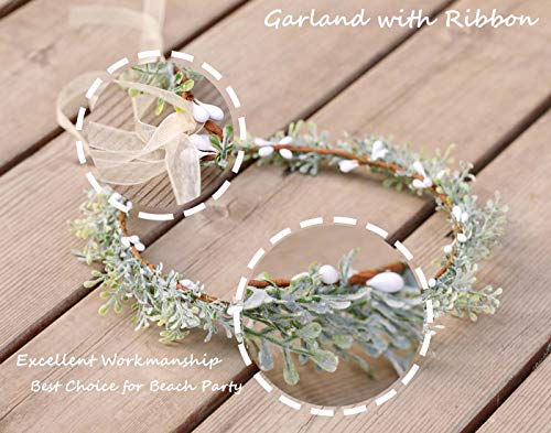 Campsis Wedding Crown Green Wreath Garland with Ribbon Bridal Hair Wreath Halo for Women and Girls