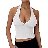 YFANG Women's Sexy Halter Tie Back Deep V Neck Sleeveless Slim Fitted Going Out Crop Tank Top