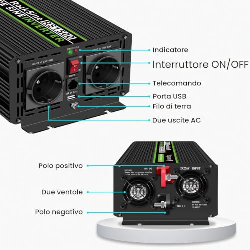 Novopal 1500 W Sine Wave Inverter Power - DC 24 V to AC 220 V Inverter Voltage - 2 EU Socket with USB Output - 5 Metres Remote Control - Suitable for Family, Trucks, Camping, Travel