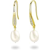 14K Gold Pearl Earrings for Women: Seashell 18K White Gold Plated Small Oval Silver Pearls Dangle Drop Earring for Woman