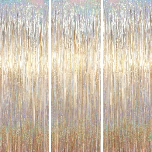 Voircoloria 3 Pack 3.3 x 6.6 ft Champagne Foil Fringe Backdrop, Tinsel Streamers Party Decorations, Fringe Backdrop for Birthday, Photo Booth Props for Bachelorette, New Years Eve Party Supplies