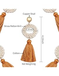 Yuiio Tassel Earrings for Women, Fringe Drop Earrings with Straw Rattan Knit Hoop Bohemian Style, Best Gift for Mom, Sister and Girls Brown & Yellow Color