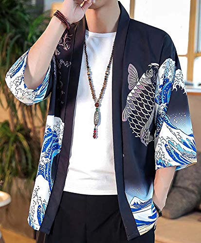 Men's Japanese Harajuku Fish Printed Kimono Cardigan Jackets Streetwear (Fish Black, Large)