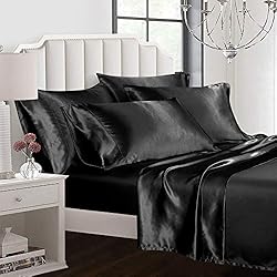 AiMay 6 Piece Satin Bedding Sheet Set King Black
