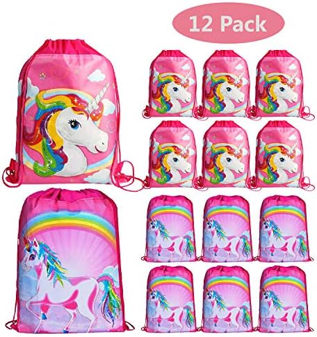 KONGZING Unicorn Party Favor Bags 12 Pack Unicorn Bag with Drawstring Backpack Pink Treat Bag for Women Girls Birthday