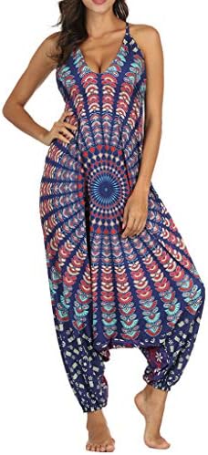 Women Bohemian Halter V Neck Jumpsuits Casual Baggy Gypsy Print Drop Crotch Wide Leg Harem Pants Workout Yoga Romper