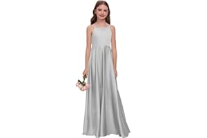 Wirunsy Satin Junior Bridesmaid Dress for Wedding A-Line Straps Bow Flower Girl Dress Sleeveless Long Formal Events Gown