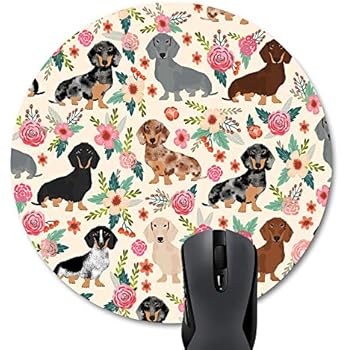 Wknoon Round Mouse Pad Cute Colorful Floral Daschund Seamless Dog Flowers Design Print Art