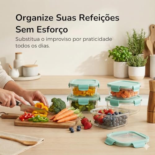 Conjunto 6 Potes Herméticos de Vidro com Tampa, 370ml 640ml 1040ml | Vedação Airtight, Ideal para Geladeira, Ideal para Freezer, Ideal para Marmita, Tampa Branca