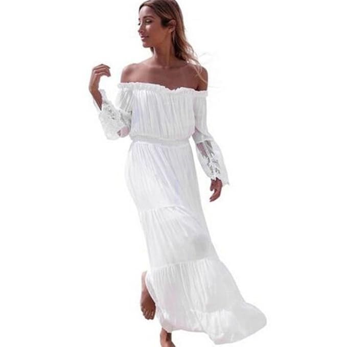 Kleider Damen Dasongff Frauen Kleider Reizvolle Spitzen Nähen Trägerlose Strandkleid Elegant Sommerkleid Schulter Langarm Kle