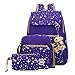 ABage Girls' Canvas Backpack Set 3 Pieces Patterned Bookbag Laptop School Backpack, Purple
