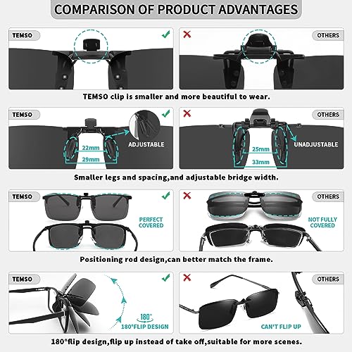 TEMSO Clip On Sunglasses Polarized Flip up Driving Glasses For Men Women,UV400 Protection|HD Vision|Anti Glare|Safe Driving