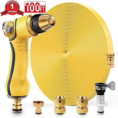 Garden Hose 100ft - Durable and Very Space-Saving, 3-Layer Latex Core Water Hose with High Pressure Water Gun, 3/4" Solid Brass Fittings, Flexible Flat Hose for Outdoor Lawn