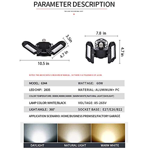 LED Garage Lights, 60W E26/E27 6000LM Deformable Basement Lighting for Full Area, LED Garage Light Bulb for Workshop,Industrial Lampï¼Œ barn, Cellarï¼ŒWarehouse etc (No Motion Activated)