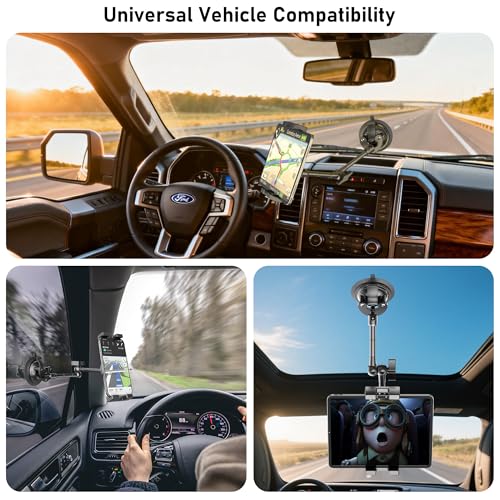 TeQable Heavy Duty Window and Dashboard Tablet Mount for Truck Car, Anti-Shake Metal Joint iPad Dash Holder, No Sticky Gel Suction Cup Stand for iPad Pro 12.9 Air Mini, Commercial Van Vehicle