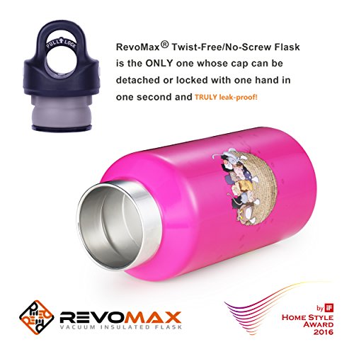 RevoMax V2 Twist-Free/No-Screw Vacuum Insulated Water Bottle -with One-Click Open/Close Lid for 36 Hours Ice Cold - Standard Mouth, Kids, Pink