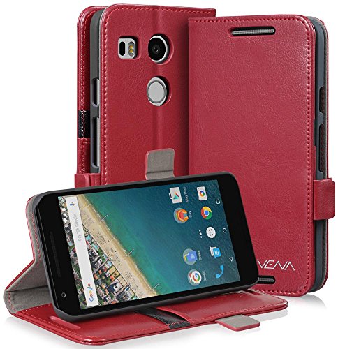 Nexus 5X Wallet Case - VENA [vFolio] Genuine Leather - Flip Cover Stand Case [Slot Holder][Vintage Slim Fit] for Google Nexus 5X / LG Nexus 5X - (Red/Black)