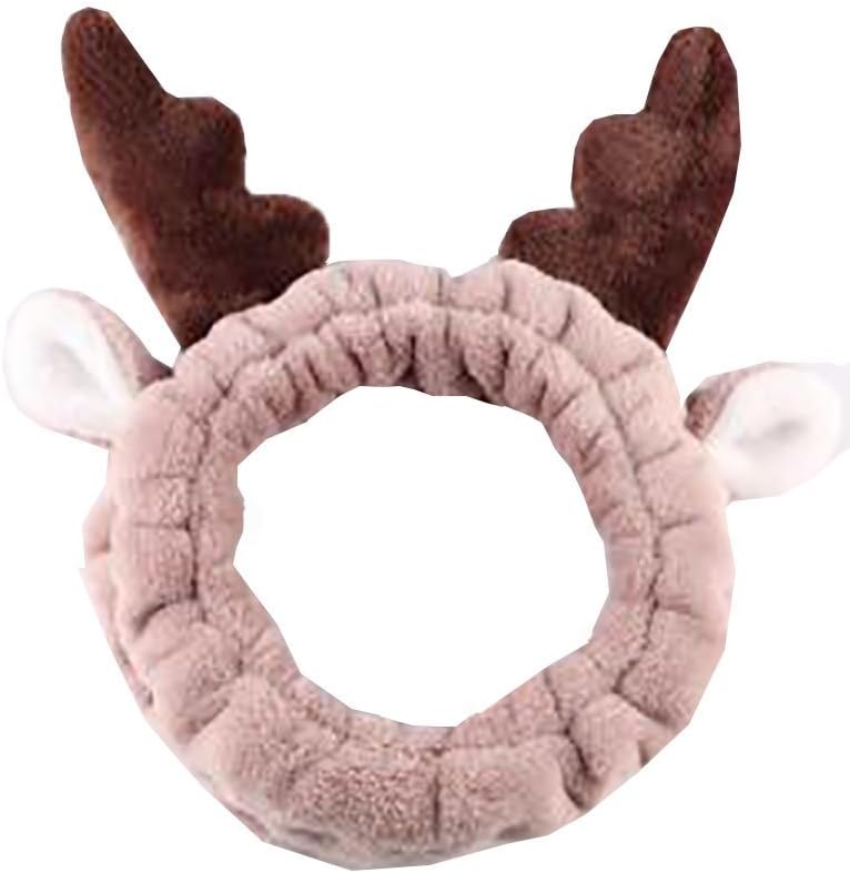 Harlem H Plush Deer Horn Ears Headband Christmas Hair Band Make up Shower Wash Face Sport Hair Band Stretch Hair Bands For Women Girls Kids (Brown)