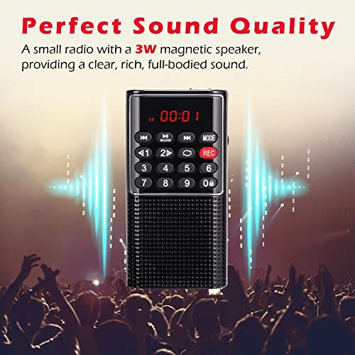 PRUNUS J-328 Portable FM Radio with Recorder, Rechargeable Small Portable Radio, Mini Digital Pocket Radio with SD/TF/AUX Music Player, Small Radio for Running, Travel(Black)