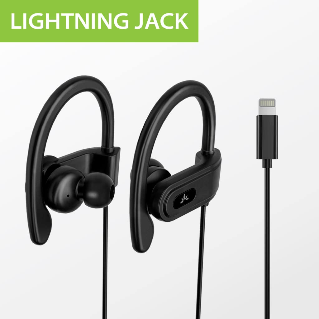 Avantree L171 - Lightning Wired Earbuds with Microphone & in-Line Volume Control, Compatible with Older iPhone 11, 12, 13, 14 Models, MFi Certified Headphones with Ear Hook for Running & Sports