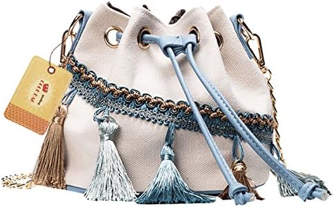 Goodbag Boutique Women Fashion Drawstring Bucket Bags Mini Tote Handbag Vintage Tassel Macrame Bag Canvas Crossbody Bag Satchel(White)