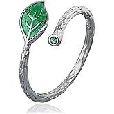 Enamel Green Leaf Branch Promise Ring for Women Silver Plated Engraved Leaves Stackable Open Band Finger Rings Adjustable Expandable Comfort Fit Minimalist Engagement Jewelry for Lover Wife