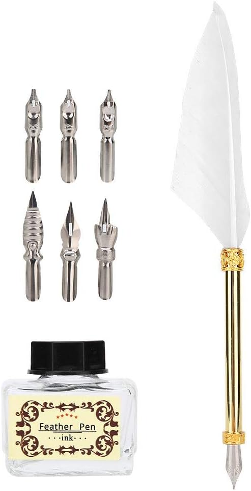 Fdit Vintage Feather Pen, Simple Metal Calligraphy Writing Quill Pen with Ink Pen Gift Box for Christmas Birthday (9.4in) - Image 4