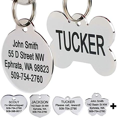 Amazon Com Gotags Stainless Steel Pet Id s Personalized Dog s And Cat s Up To 8 Lines Of Custom Text Engraved On Both Sides In Bone Round Heart Bow Tie Flower