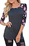KufvWomens Prints Florals 3/4 Sleeve Crew Neck Top Tshirt