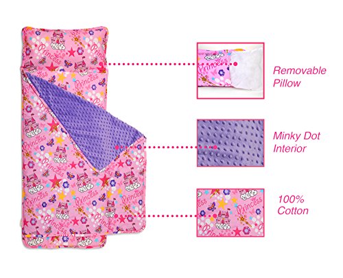 Kids Nap Mat with Removable Pillow - Soft, Lightweight Mats, Easy Clean Toddler Nap Pad for Preschool, Daycare, Kindergarten - Children Sleeping Bag (Pink with Princess Design) by Bambino Bliss - Thumbnail 3