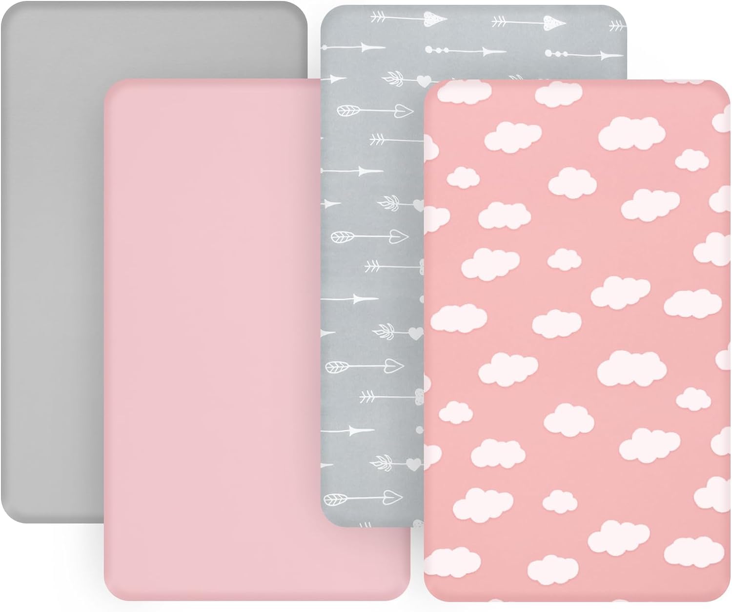 4 Pack Fitted Travel Cot Sheets 95x65cm - Ultra Soft Breathable Baby Crib Mattress Cover | Pink Cloud