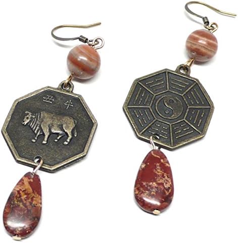 Year of the Ox I Ching Zodiac Chinese Bagua Trigram Coin Jasper Earrings