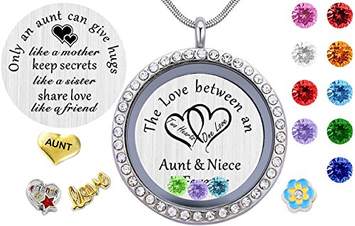 beffy Best Gifts for Niece Aunt, Floating Living Memory Locket Necklace Pendant with Charm & Birthstone for Women, Girls…