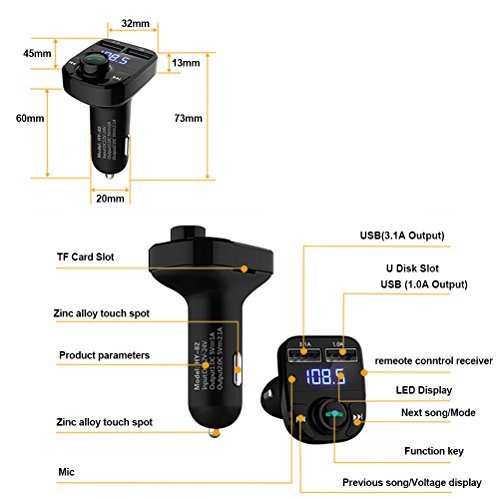 MIYA Bluetooth FM Transmitter, Wireless Car Music Player Dual USB Car Charger with LED Display Radio Adapter Car Kit Support SD/TF Card Hands-Free Calling Compatible iPhone Samsung Smartphones