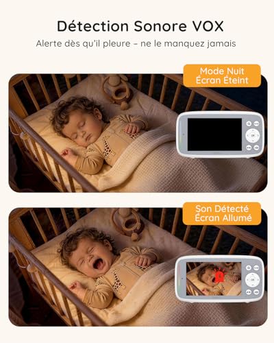 Boifun Baby Camera Baby Monitor without WiFi, Invisible Infrared Night Vision, 4 Inches, HD 720P, Two-Way Intercom, Lullabies, Temperature/Sound Sensor, 3x Zoom, Baby Bottle Reminder