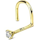 COCHARM 14K Solid Gold Right Nose Stud 20g Yellow Gold Right Nostril Nose Ring Screw 2mm Nose Piercing Sparkling CZ Hypoallergenic Real Gold Screw Nose Studs