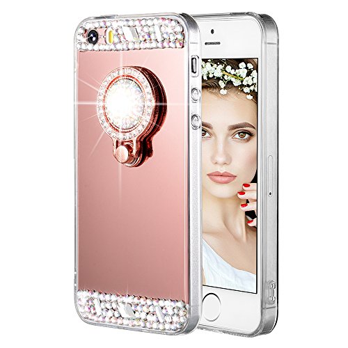 iPhone 5 5S SE Case, Caka iPhone 5S Glitter Case Rhinestone Series Luxury Cute Shiny Bling Mirror Makeup Case for Girls with Ring Kickstand Diamond TPU Case for iPhone 5 5S SE (Rose Gold)
