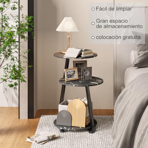 Simple Wisdom Mesa Auxiliar,Mesa Auxiliar Sala Redonda Lateral 3 Niveles,Mesita de Noche,Buros para Recamara,para Sala de Estar, Dormitorio, Estilo Industrial,Tamaño: 30 * 30 * 60 CM. (Mármol+Negro)