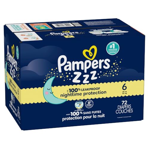PAMPERS ZZZ OVERNIGHT DIAPERS, SIZE 6 (35+ LBS), 72 COUNT, NIGHTTIME PROTECTION DISPOSABLE BABY DIAPER, NIGHT TIME LEAK AND SKIN PROTECTION