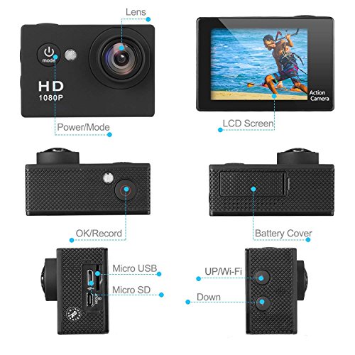 Wuroxa Action Camera 16MP 1080P Underwater Photography Cameras 140 Degree Ultra Wide Angle Lens with 2 Pcs Rechargeable Batteries and Mounting Accessories Kits - Black02 - Thumbnail 6