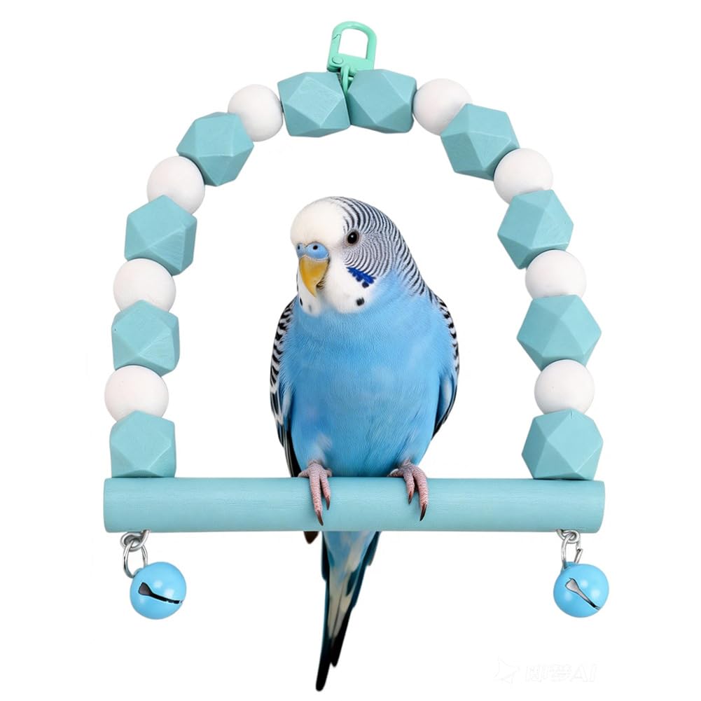 Bird Swing, Wooden Hanging Bird Swing Perch Toy for Parrots, Parakeets, Cockatiels - Cage Mounted Play Gym Stand with Bell for Small Birds