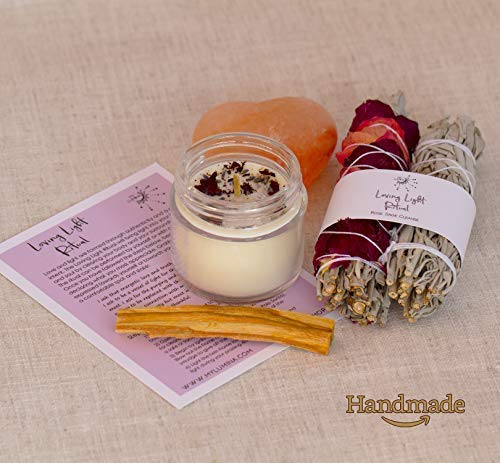Loving Light Ritual KIT - Pure Himalayan Salt Heart, White Sage Wand, Sage Wand with Rose Petals, Palo Santo Stick, Love Candle Healing Incense, Love Attraction Ritual, Spiritual Love Cleansing
