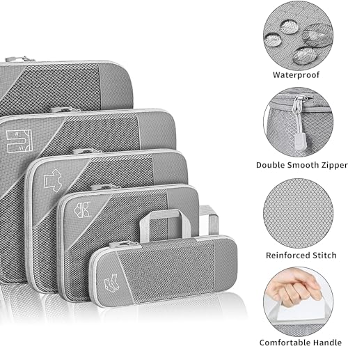 Grey Suitcase Organiser Set, 6-Piece Compression Packing Cubes, Suitcase Organiser, Travel Organiser, Compression Packing Cube Set for Suitcase, Backpack, Hand Luggage