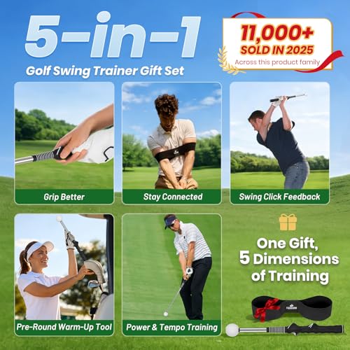 5-in-1 Retractable Golf Swing Trainer, Training Aid with Grip Trainer, Grip Correction for Beginners & Tempo Training for Advanced, Click Feedback, Arm Connection, Right/Left-Handed, Indoor/Outdoor