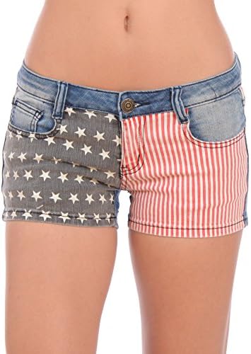 Machine Junior Girls Ripped Denim American Flag Jean Shorts (Small, USA Medium Blue)